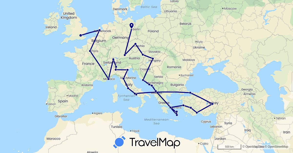 TravelMap itinerary: driving in Albania, Austria, Switzerland, Czech Republic, Germany, France, United Kingdom, Greece, Croatia, Hungary, Italy, Montenegro, Netherlands, Turkey (Asia, Europe)