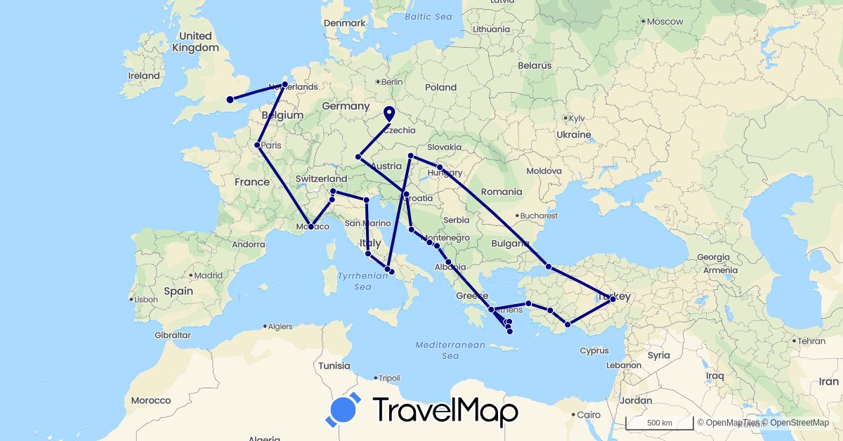 TravelMap itinerary: driving in Albania, Austria, Czech Republic, Germany, France, United Kingdom, Greece, Croatia, Hungary, Italy, Montenegro, Netherlands, Turkey (Asia, Europe)