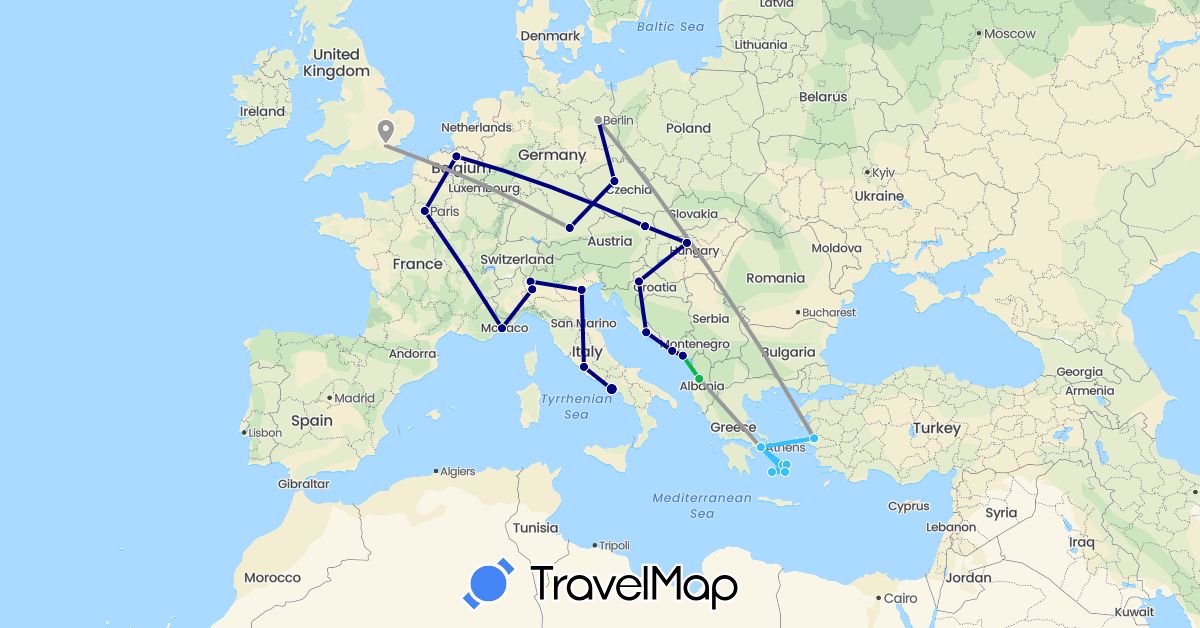 TravelMap itinerary: driving, bus, plane, boat in Albania, Austria, Czech Republic, Germany, France, United Kingdom, Greece, Croatia, Hungary, Italy, Montenegro, Turkey (Asia, Europe)